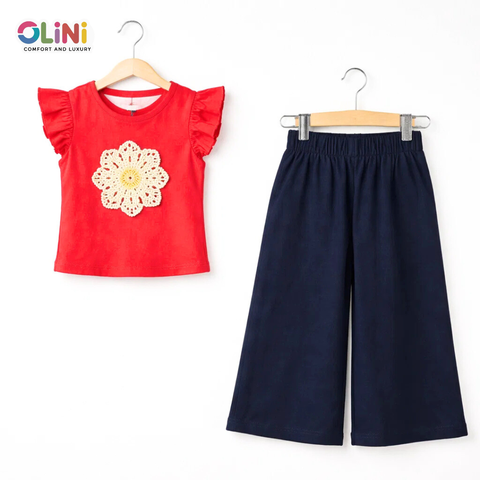 OLINI - Cropped Shirt & Bell Bottom - Red - Flower