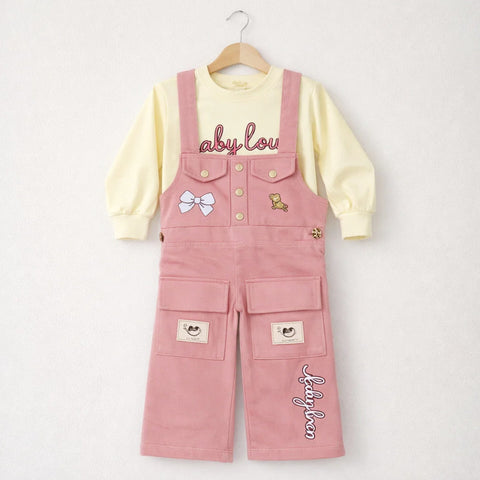 SD - 2 Pieces - Girls Dungaree Set - Pink - Bow