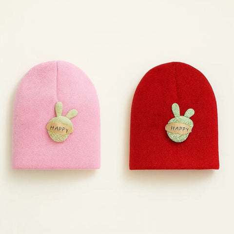 Pack of 2 - Woolen Caps - Pink & Red - Happy - 25