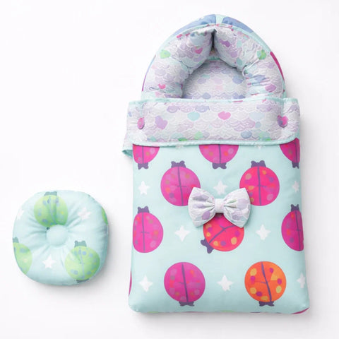 Cotton - Hooded Carry Nest - Green - Ladybird Bow - 26